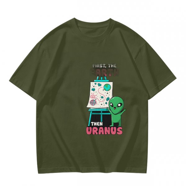 Olive green graphic tee with alien painting 'First the Earth Then Uranus'