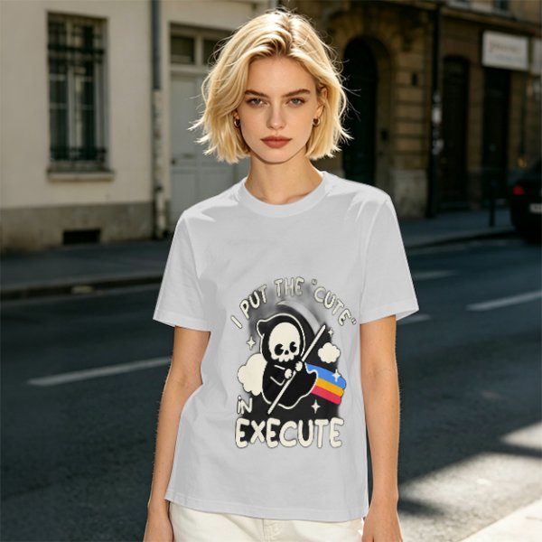 Olive t-shirt with cute grim reaper 'I put the cute in execute' print