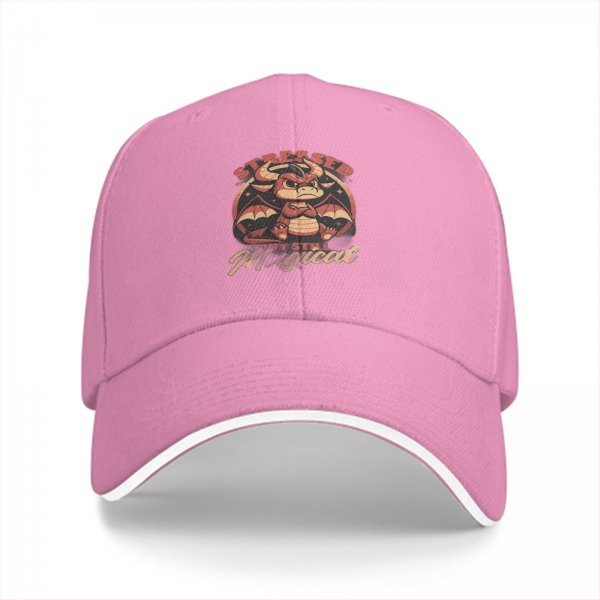 Black baseball cap with stressed but still magical grumpy dragon print
