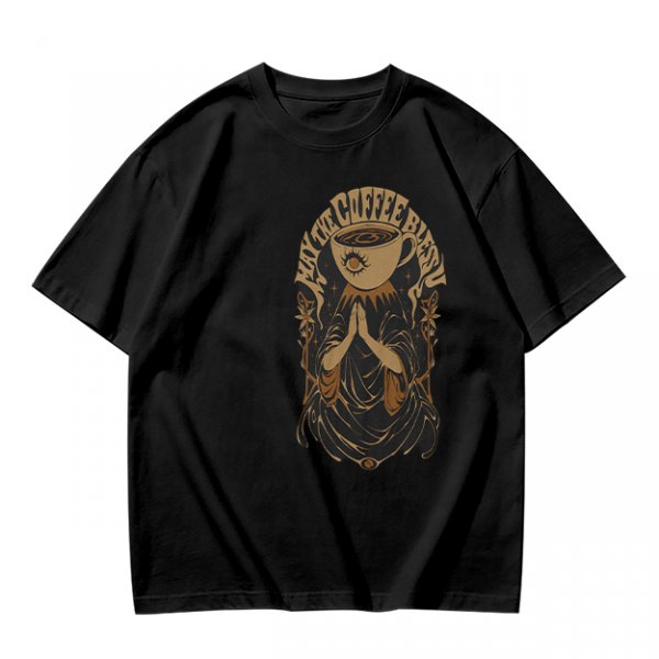 Olive green t-shirt with Pray the Coffee Brew graphic print