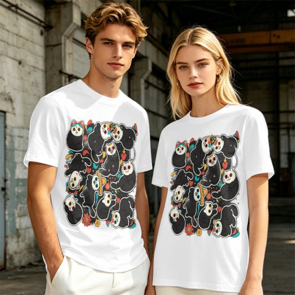 Olive T-Shirt With Day Of The Dead Cat Skull Graphic Print