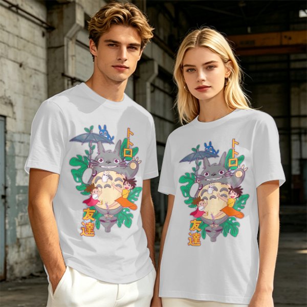 My Neighbor Totoro Graphic T-Shirt with Anime Characters and Leaves