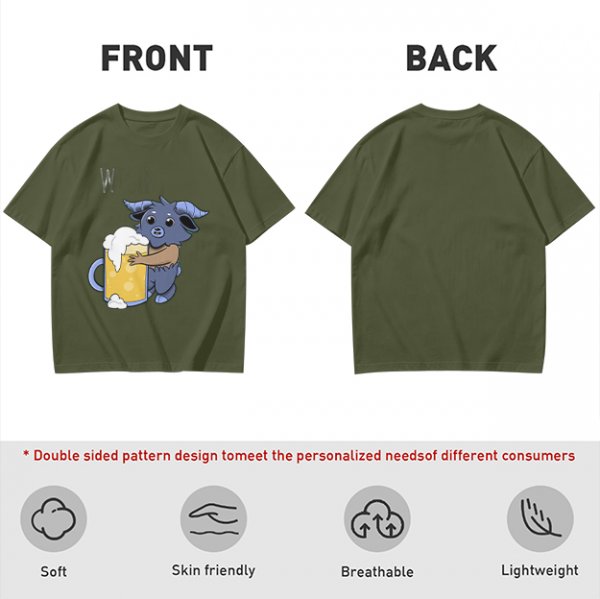 Olive T-Shirt With Cute Blue Goat Holding Foamy Beer Mug Print