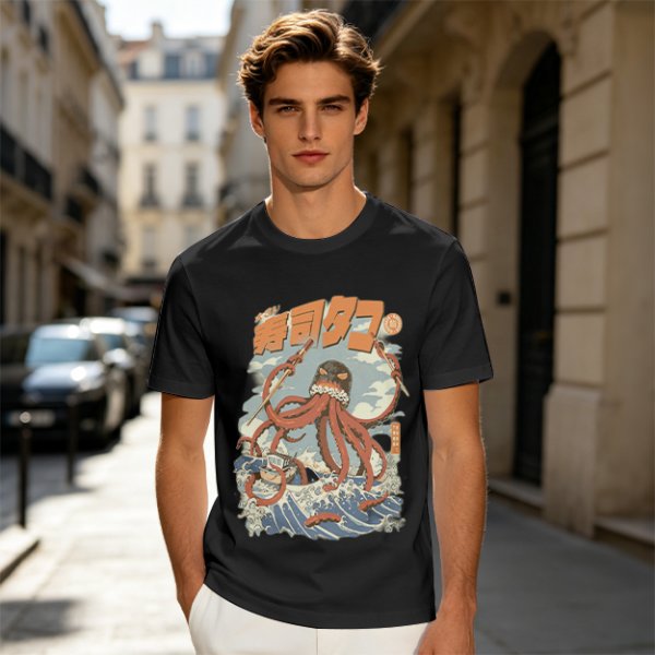 Olive t-shirt with Japanese octopus sushi warrior wave graphic