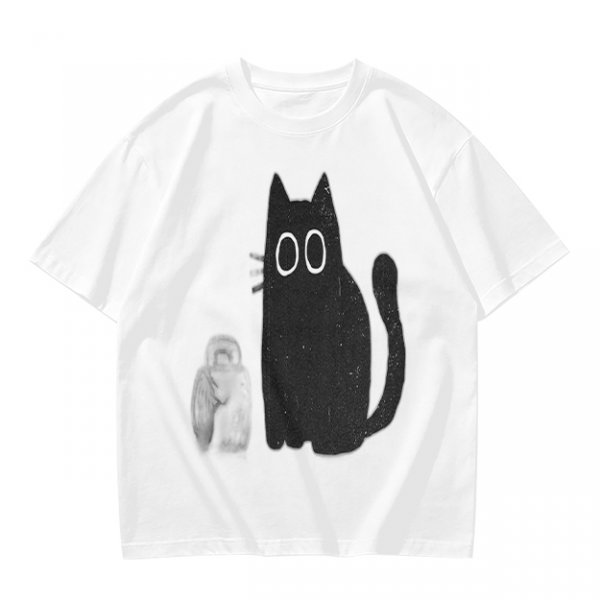 Oversized Olive T-Shirt With Cute Black Cat Graphic Print