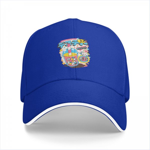 Black baseball cap with kawaii skull bubble tea graphic print