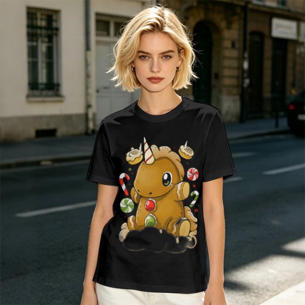 Olive T-Shirt With Cute Gingerbread Unicorn And Christmas Candy Print