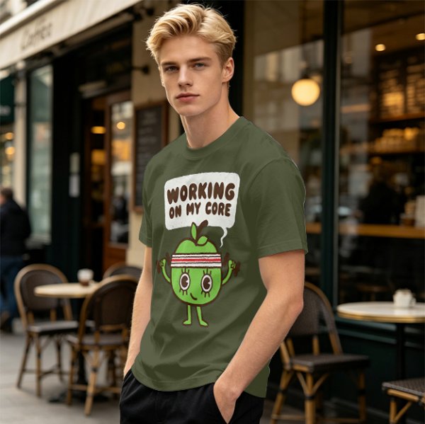 Olive green t-shirt with cartoon apple lifting dumbbells and 'Working on my core' text