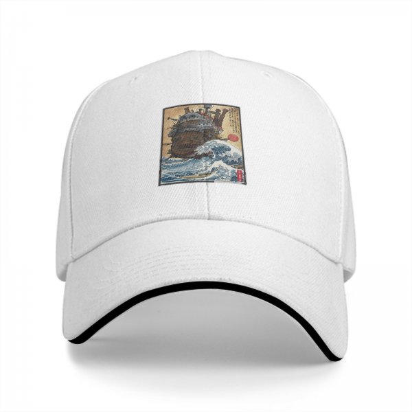 Black Baseball Cap with Japanese Wave and Ship Art Print