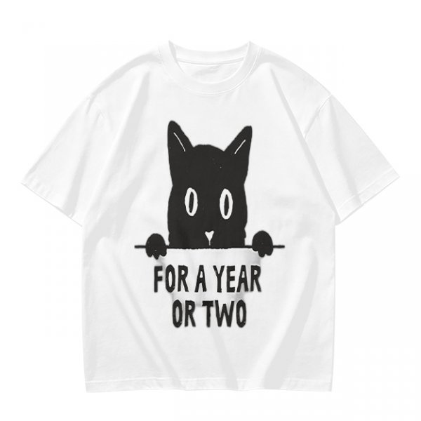 Olive graphic t-shirt with black cat holding 'for a year or two' text