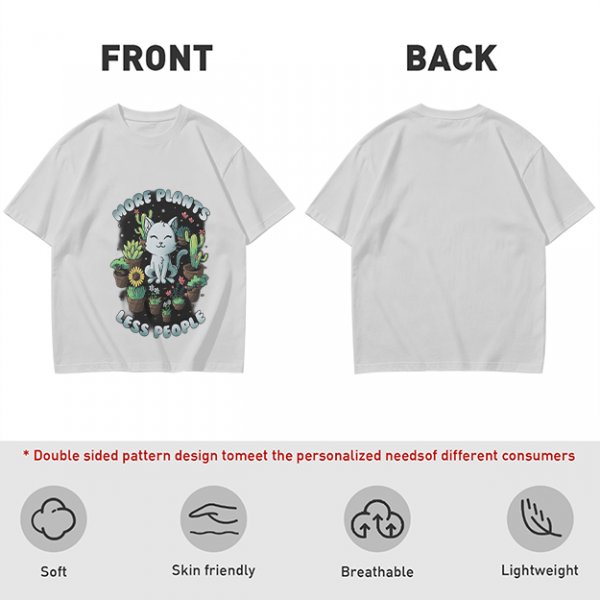 Olive T-shirt with 'More Plants Less People' Cat and Succulent Print