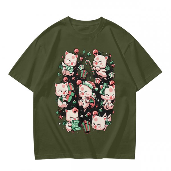 Olive Green T-Shirt With Cute Christmas Kittens And Holiday Gifts Print