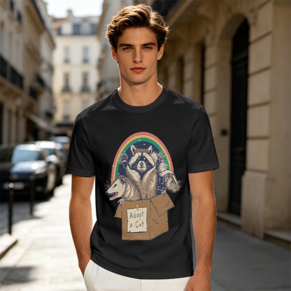 Olive T-Shirt With Raccoon Opossum Adopt A Cat Rainbow Print