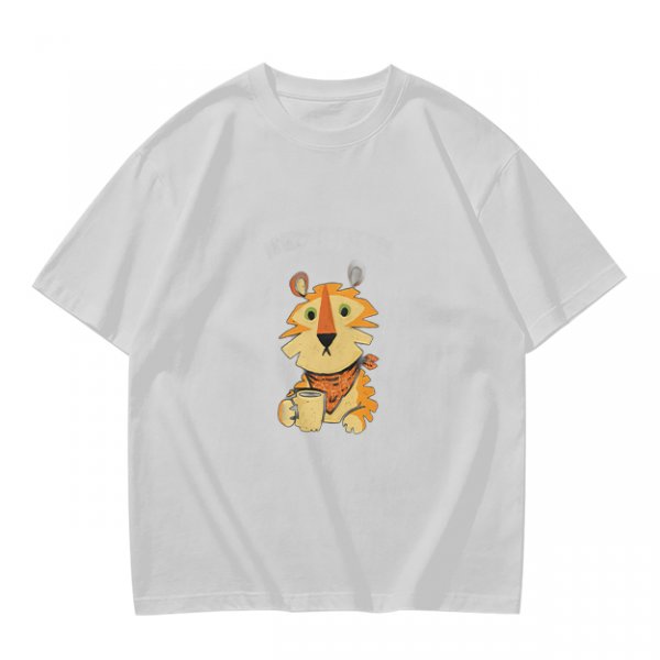 Olive Green T-Shirt with Cute Tiger Holding Coffee Mug Print