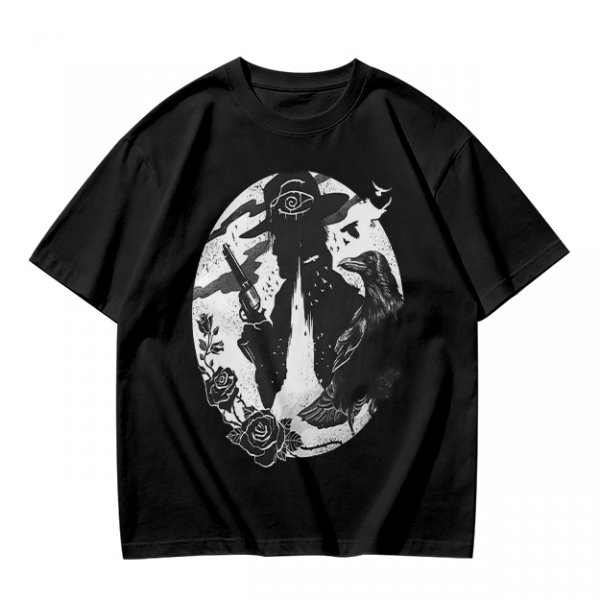 Olive T-Shirt With Western Gunslinger Crow And Roses Graphic