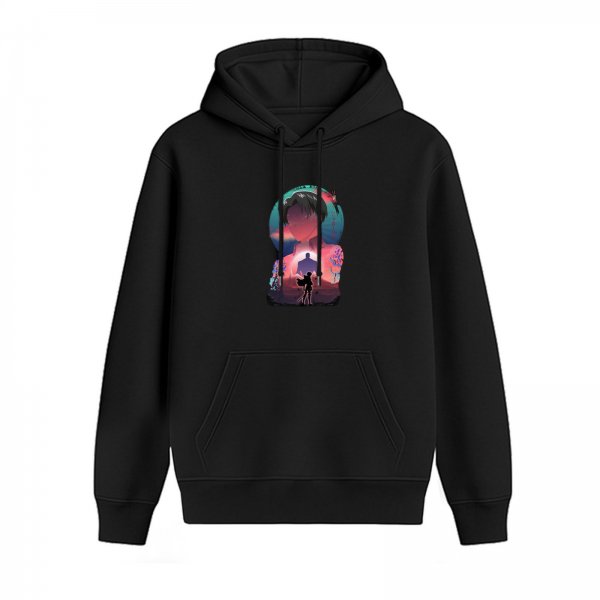 Black Anime Graphic Hoodie With Sunset Silhouette Art