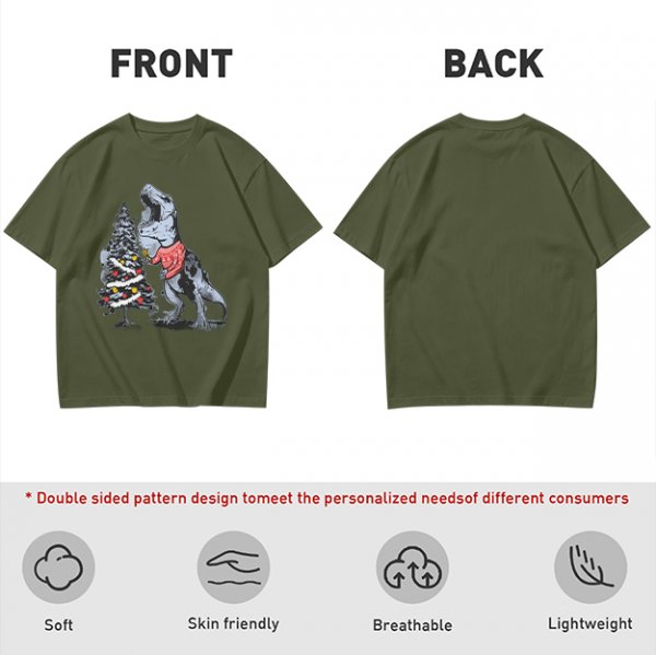 Olive T-shirt with T-Rex in Christmas sweater decorating a tree