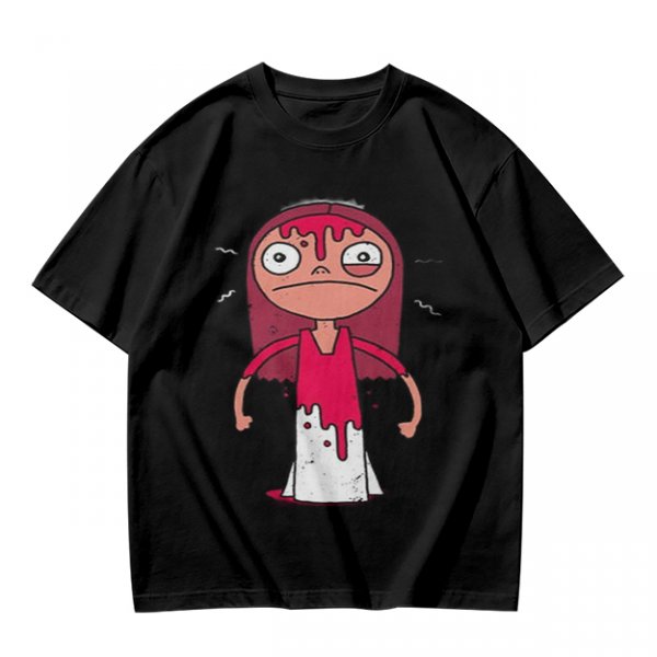 Olive Green T-Shirt With Creepy Cartoon Girl Print