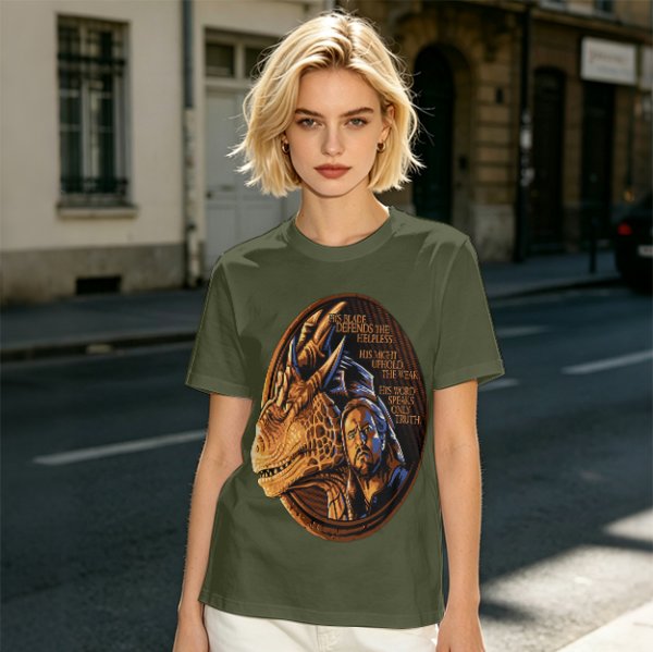 Olive T-Shirt With Dragon And Warrior Fantasy Art Print