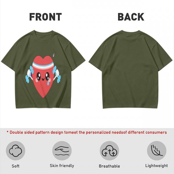 Olive T-Shirt With Cute Cartoon Heart Lifting Dumbbells Print
