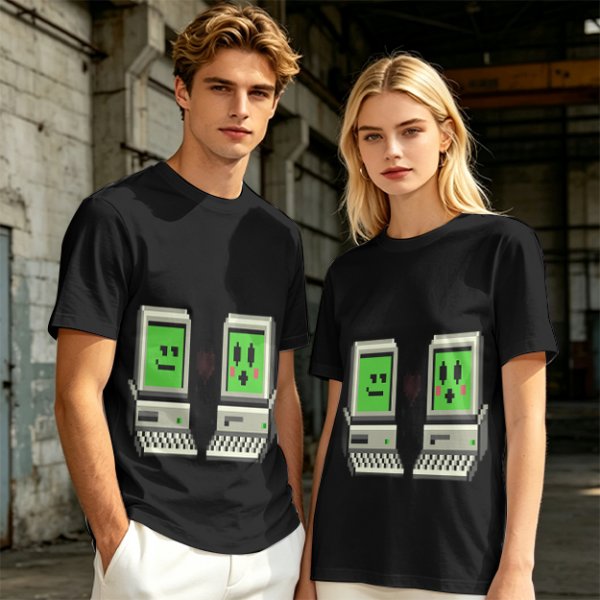 Olive T-shirt with pixel art retro computer characters print