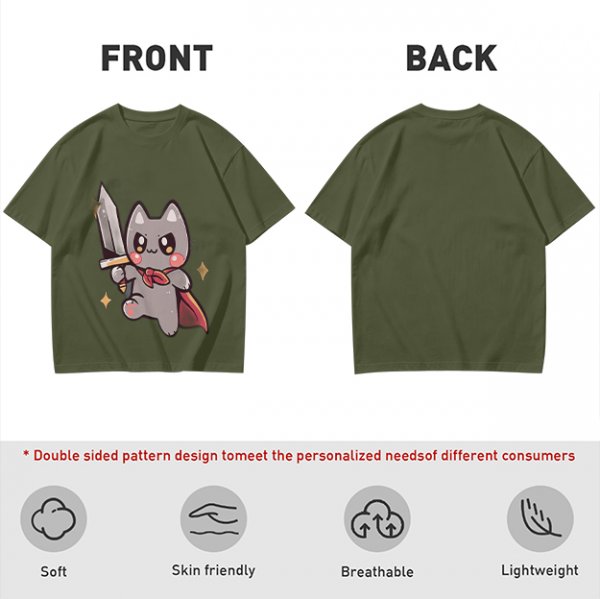 Olive T-shirt with cute warrior cat holding a sword graphic