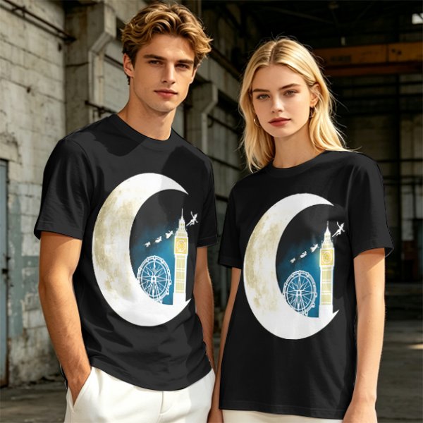 Olive T-Shirt with Crescent Moon London Skyline Flying Figures Print