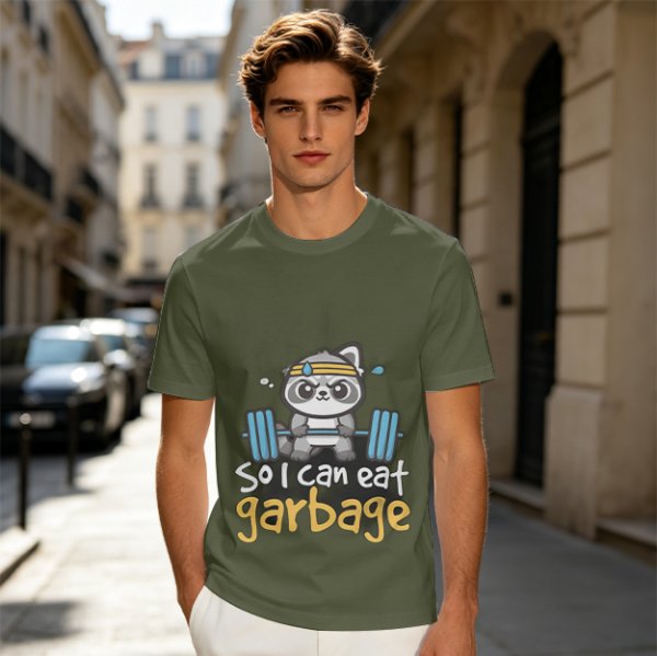 Olive T-Shirt with Raccoon Lifting Weights 'So I Can Eat Garbage' Print