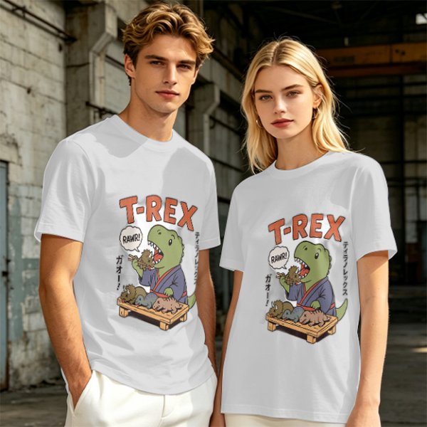 Olive T-shirt with cartoon T-Rex holding small dinosaurs and RAWR text