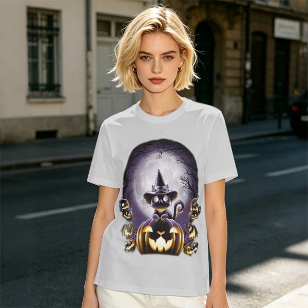 Halloween Black Cat Witch Jack-o'-lantern Graphic T-Shirt