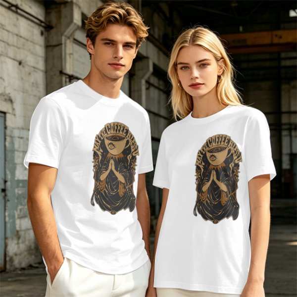 Olive green t-shirt with Pray the Coffee Brew graphic print