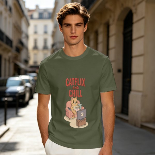 Catflix and Chill Orange Cat Watching TV Graphic T-Shirt