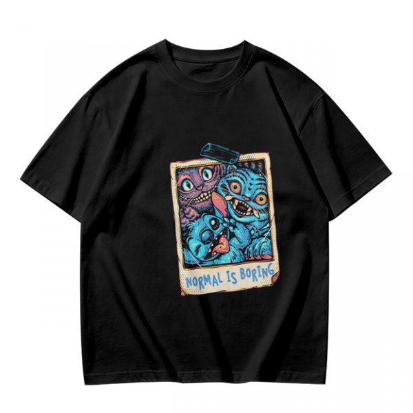 Olive t-shirt with monster polaroid print that says Normal Is Boring
