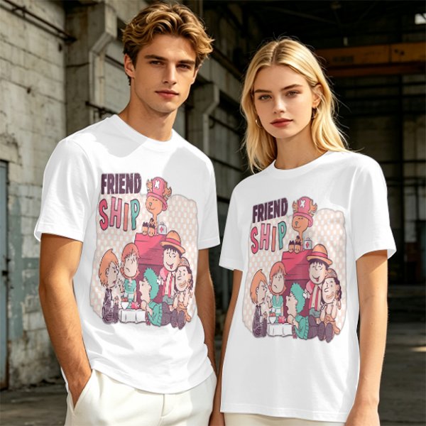 Olive T-Shirt with Friendship Themed Cartoon Crew Print