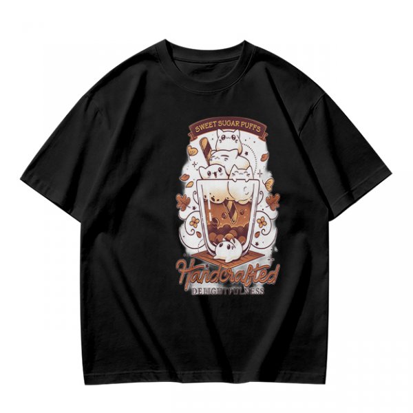 Olive t-shirt with cute cat bubble tea graphic print