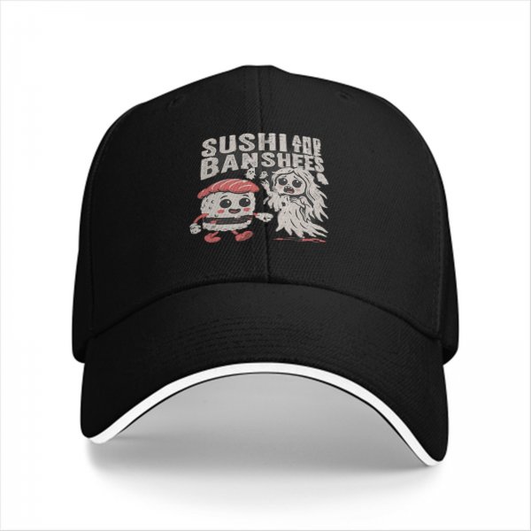 Black baseball cap with sushi and banshees graphic design