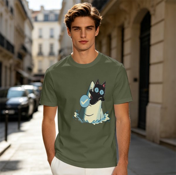 Olive T-Shirt With Black Cat Emerging From Wave Check Mark Print