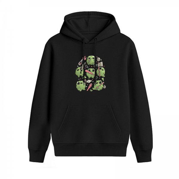 Black hoodie with cute green frog monsters holding weapons graphic