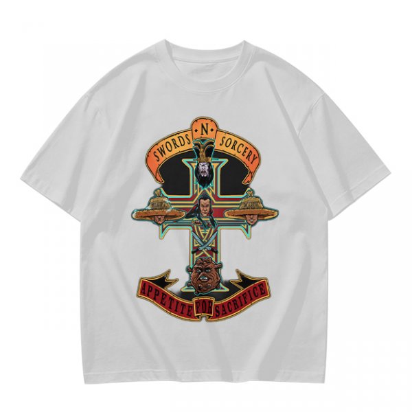 Olive graphic t-shirt with swords n sorcery appetite for sacrifice cross design