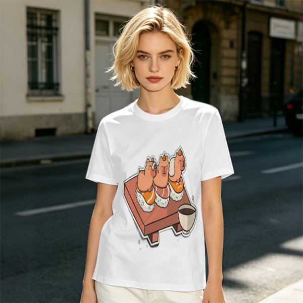 Olive green t-shirt with capybara sushi print design