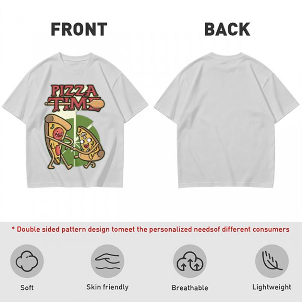 Olive green pizza graphic t-shirt with playful pizza slice characters