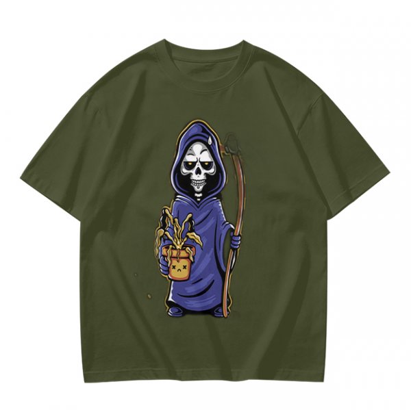 Olive T-Shirt With Cute Grim Reaper Holding Wilted Potted Plant Print