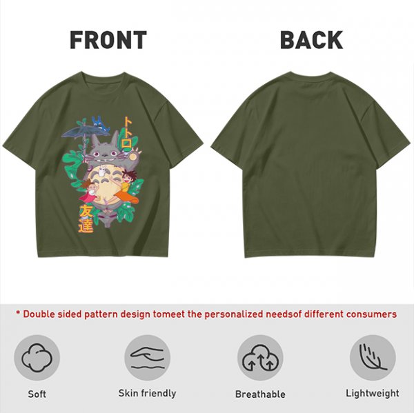My Neighbor Totoro Graphic T-Shirt with Anime Characters and Leaves