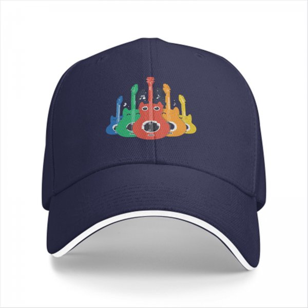 Black Baseball Cap With Colorful Cat Guitar Graphic Design