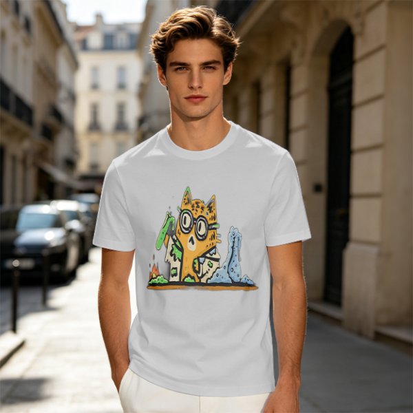 Olive T-Shirt With Mad Scientist Cat Chemistry Lab Print