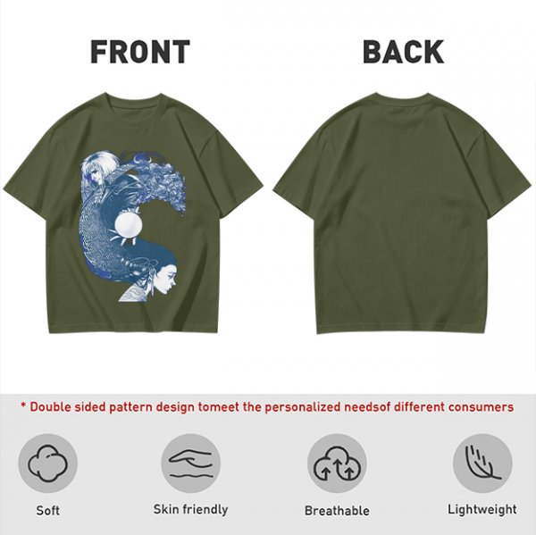 Olive T-Shirt With Two Facing Fantasy Figures And Orb Art Print