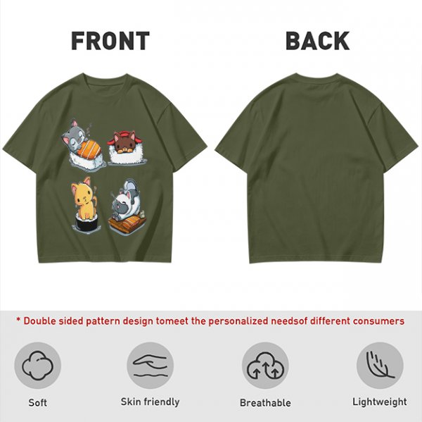 Olive T-shirt with cute cat sushi illustrations