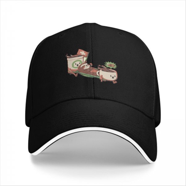 Black baseball cap with playful anthropomorphic coffee cups graphic