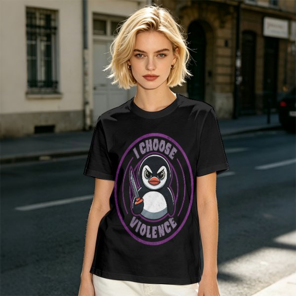 Olive t-shirt with angry penguin holding knife and I Choose Violence print