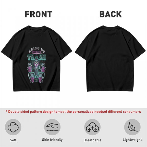 Olive graphic t-shirt with raccoons and 'Bring Us All The Trash' text